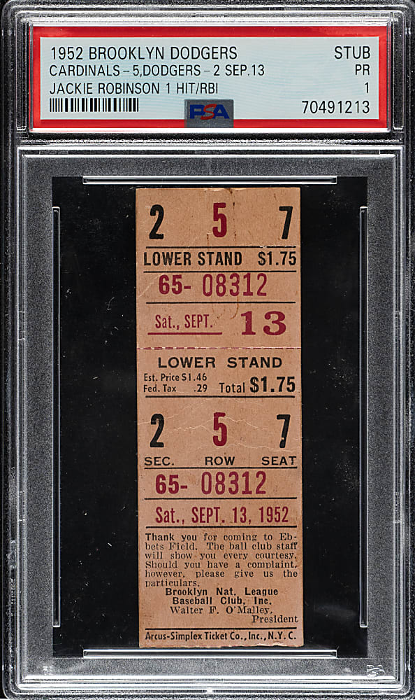 September 13, 1952 Brooklyn Dodgers (vs. St. Louis Cardinals) Ticket Stub PSA POOR 1 - Jackie Robinson One Hit and RBI