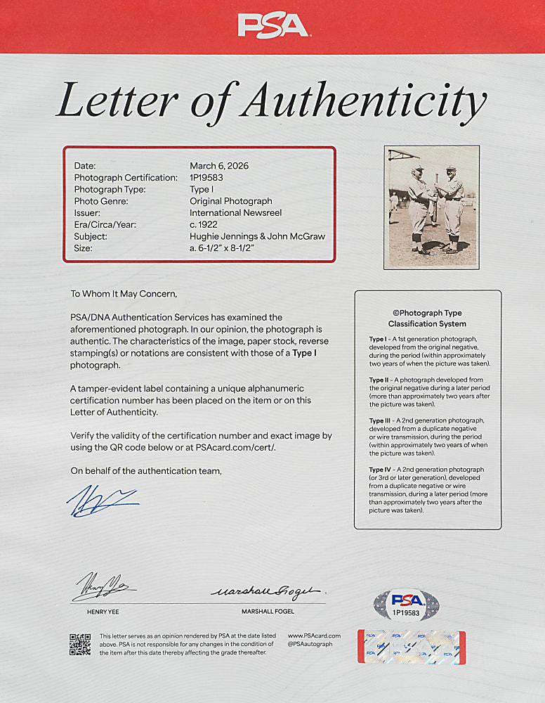 Circa 1922 Hughie Jennings and John McGraw Original International Newsreel Photograph PSA/DNA Type I