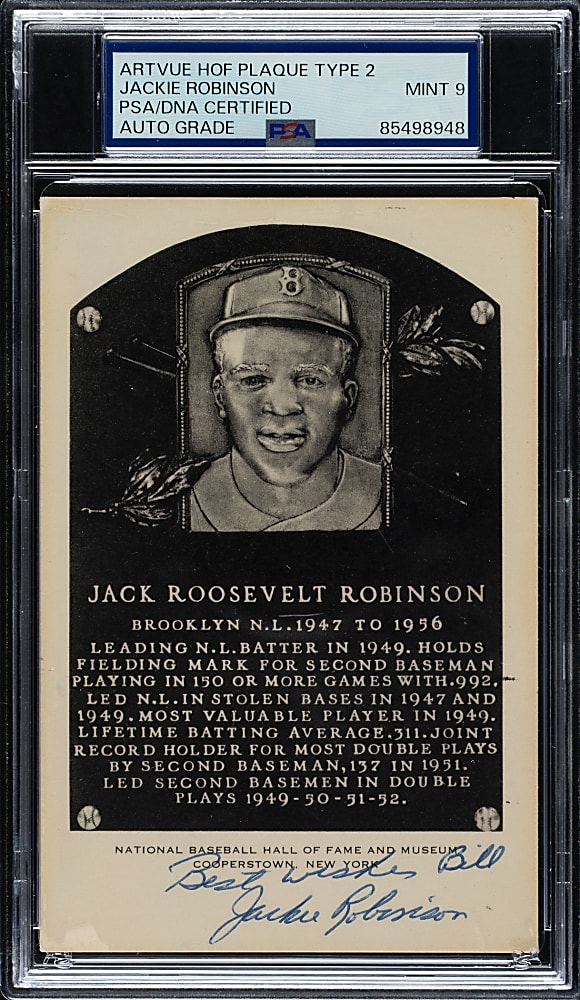 Signed 1956-1963 Artvue (Type 2) Black-and-White Hall of Fame Postcard Jackie Robinson PSA/DNA MINT 9