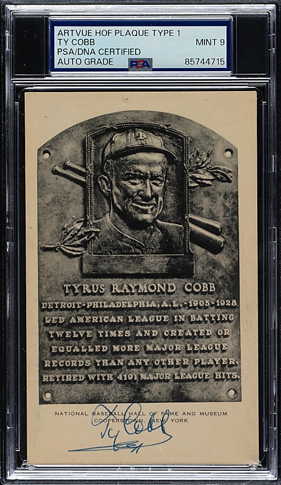 Signed 1953-1955 Artvue (Type 1) Black-and-White Hall of Fame Postcard Ty Cobb PSA/DNA MINT 9