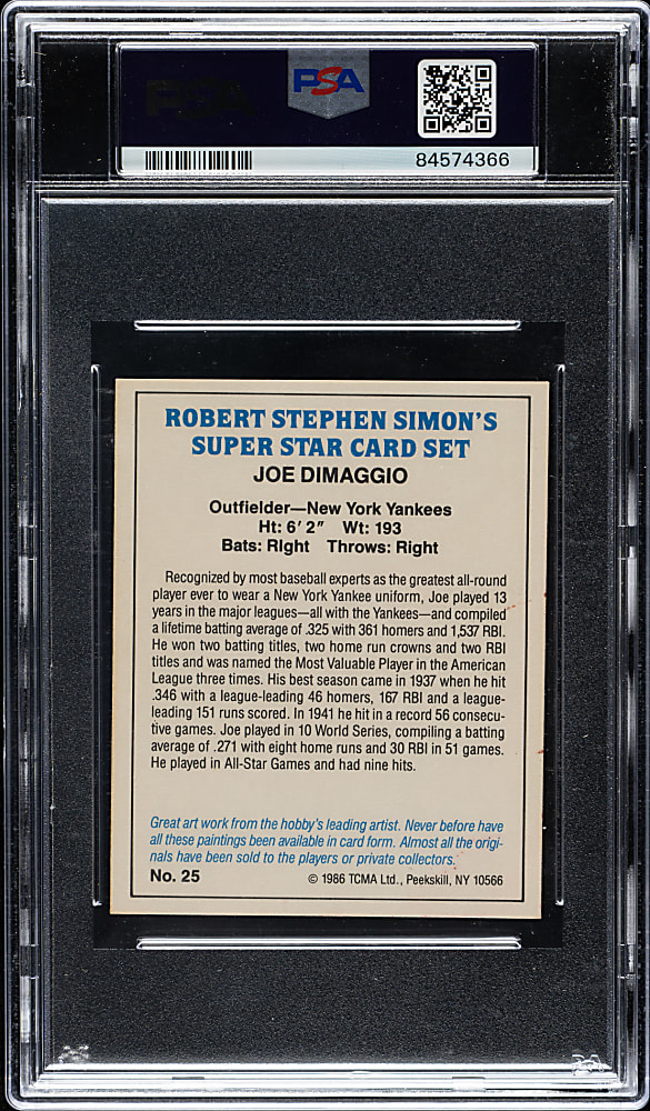 Signed 1986 TCMA Robert Stephen Simon's Super Star #25 Joe DiMaggio PSA MINT 9 with MINT 9 Signature