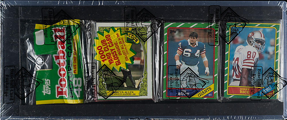 1986 Topps Football Unopened Rack Pack - Jerry Rice Rookie on Top and Dwight Clark on Back - BBCE