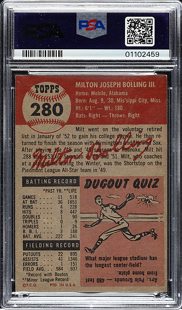1953 Topps #280 Milt Bolling Short Print PSA EX-MT 6