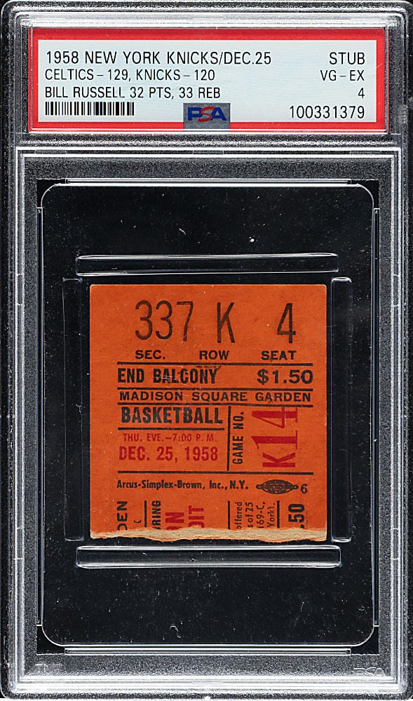 December 25, 1958 New York Knicks (vs. Boston Celtics) Ticket Stub PSA VG-EX 4 - Bill Russell 32 Points and 33 Rebounds - 1 of 2 - Highest Graded!