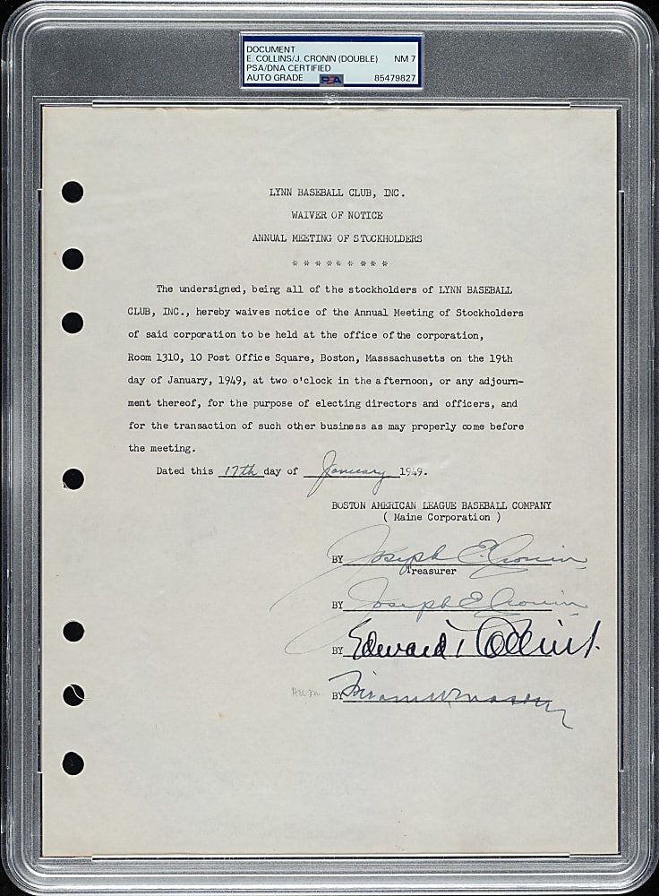 1949 Joe Cronin and Eddie Collins Multi-Signed Waiver of Notice Document PSA/DNA NM 7