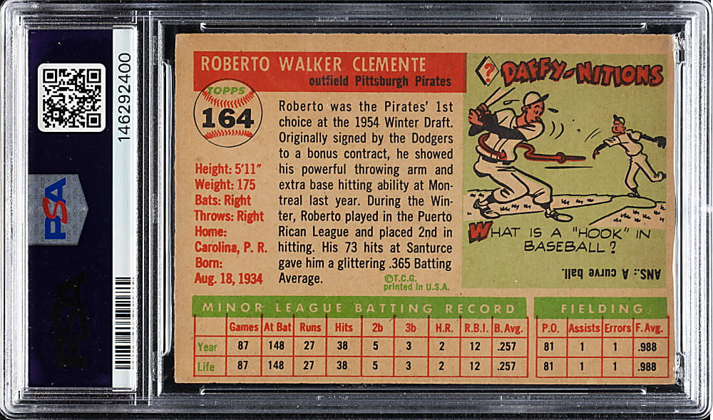 1955 Topps #164 Roberto Clemente Rookie PSA VG 3