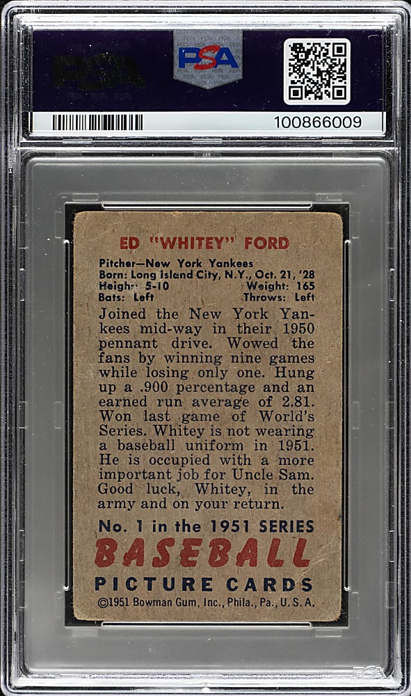 Signed 1951 Bowman #1 Whitey Ford Rookie PSA FAIR 1.5 with MINT 9 Signature