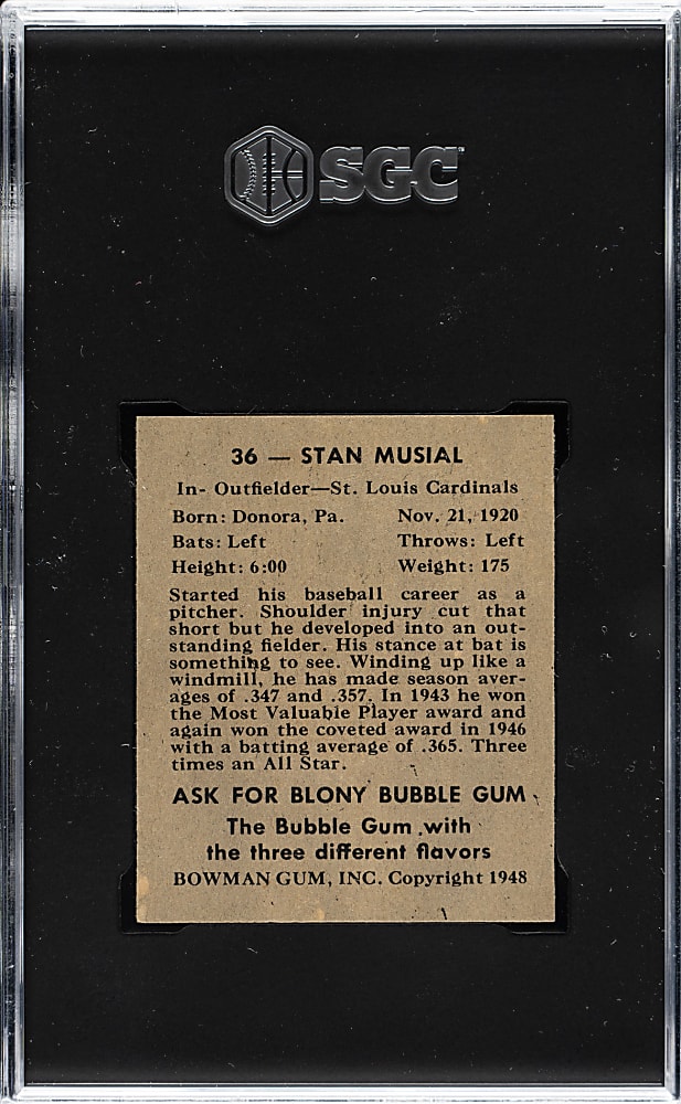 1948 Bowman #36 Stan Musial Rookie SGC MINT 9 - 1 of 2 - Highest Graded!
