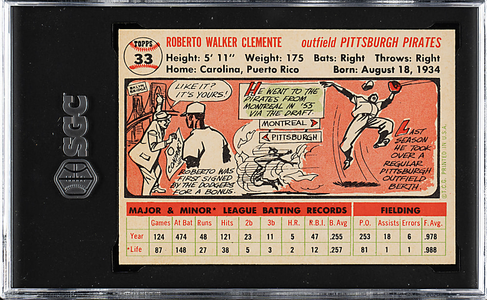 1956 Topps #33 Roberto Clemente White Back SGC MINT 9 - 1 of 4 - Highest Graded!