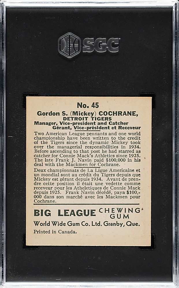 1936 V355 World Wide Gum #45 Mickey Cochrane SGC EX/NM 6 - 1 of 2 - Highest Graded!