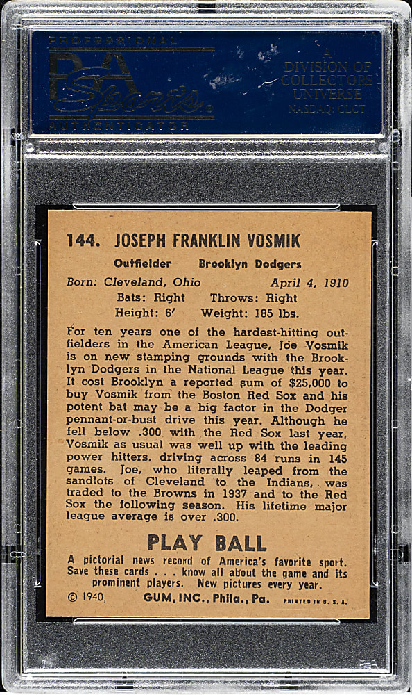 1940 R335 Play Ball #144 Joe Vosmik PSA NM-MT 8 - Highest Graded!