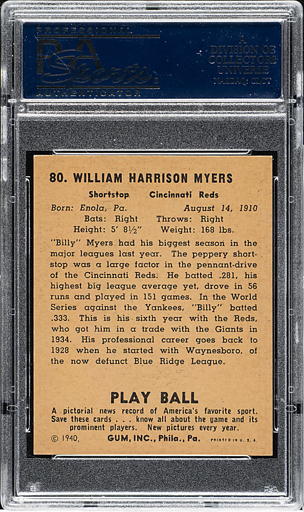 1940 R335 Play Ball #80 Bill Myers PSA NM-MT 8 - Highest Graded!