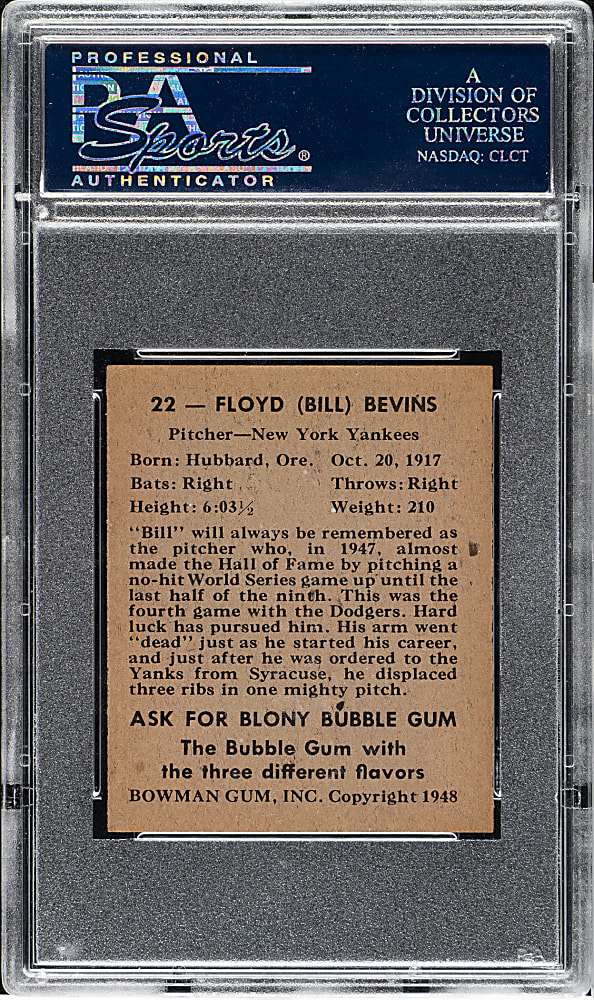 1948 Bowman #22 Floyd Bevens Short Print PSA MINT 9 - Highest Graded!