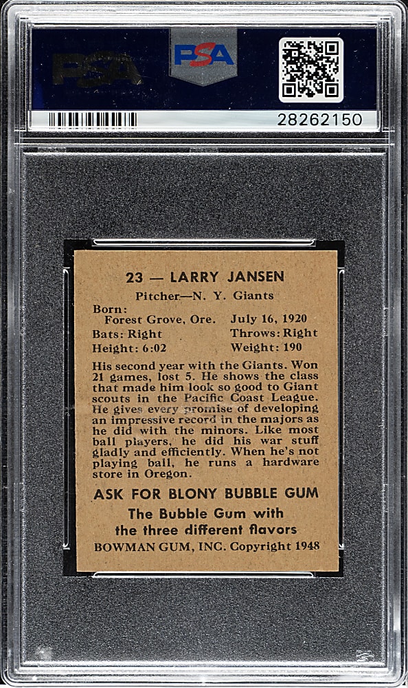 1948 Bowman #23 Larry Jansen PSA MINT 9