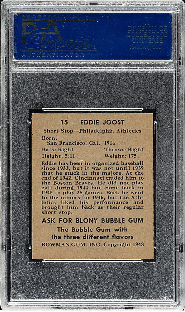 1948 Bowman #15 Eddie Joost PSA MINT 9 - Highest Graded!