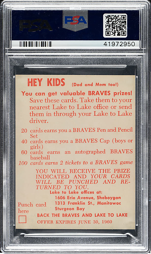 1960 Lake to Lake Dairy Milwaukee Braves Red Schoendienst PSA MINT 9