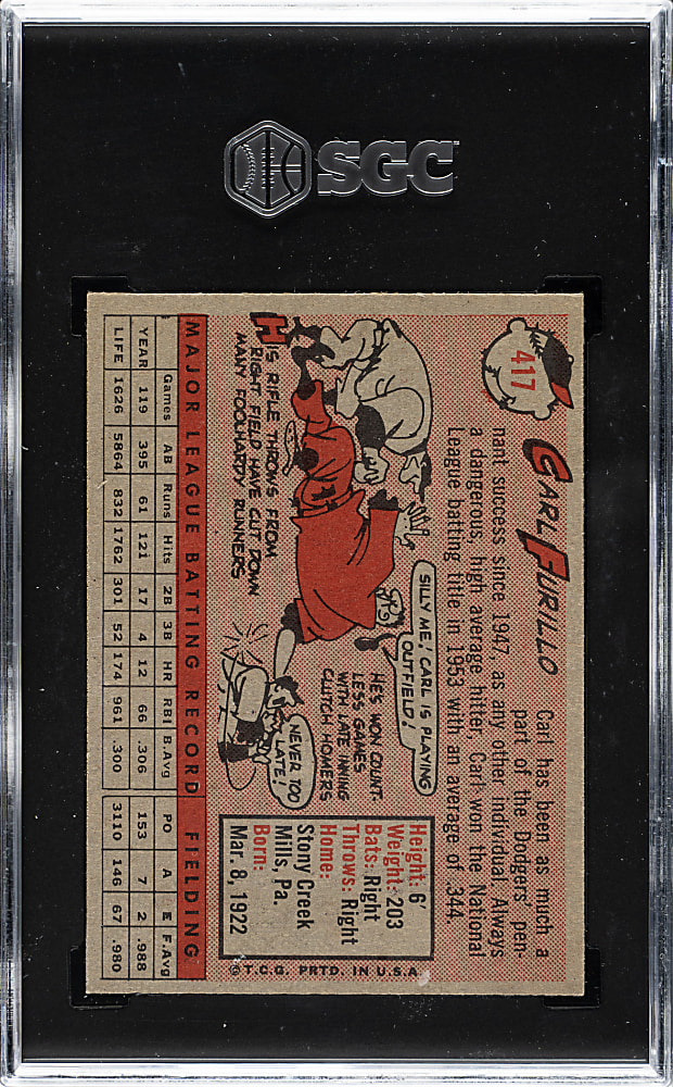 1958 Topps #417 Carl Furillo SGC MINT 9 - 1 of 3 - Highest Graded!