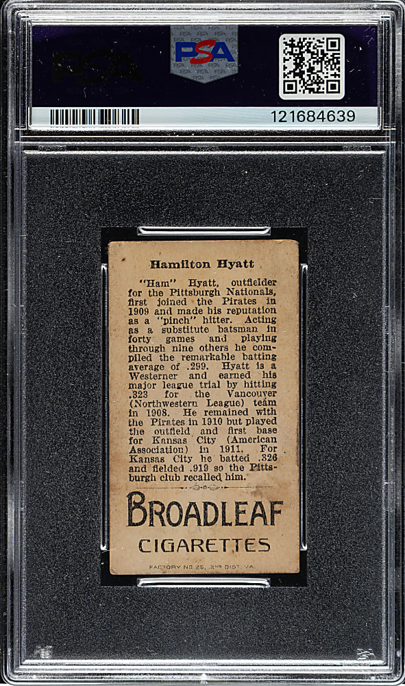 1912 T207 Brown Background Hamilton Hyatt PSA VG 3 - Broadleaf Back
