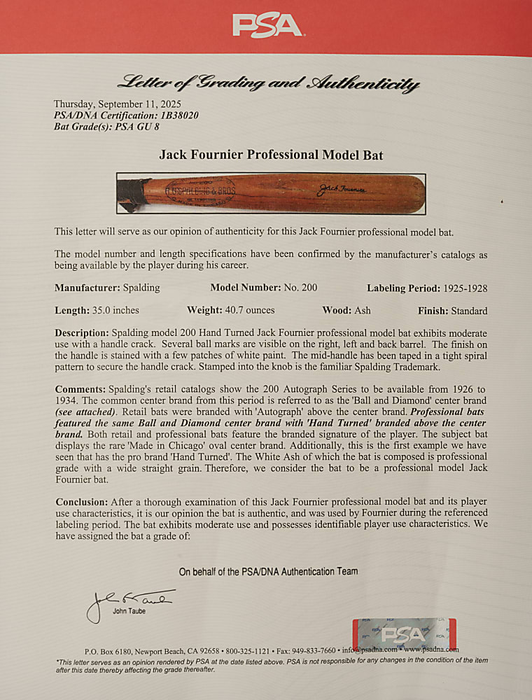 1925-1928 Jack Fournier Brooklyn Robins/Boston Braves Game-Used Bat PSA/DNA GU 8