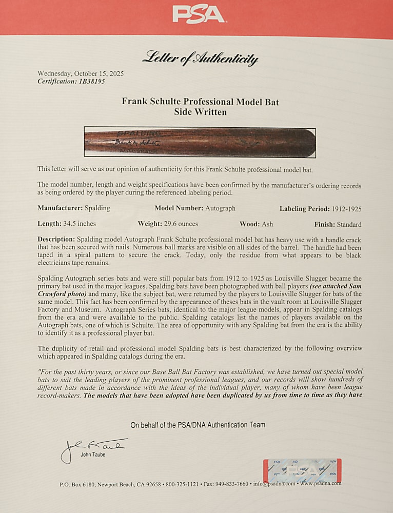 1912-1925 Frank Schulte Chicago Cubs/Pittsburgh Pirates Game-Used Bat (Factory Side Written) - PSA/DNA