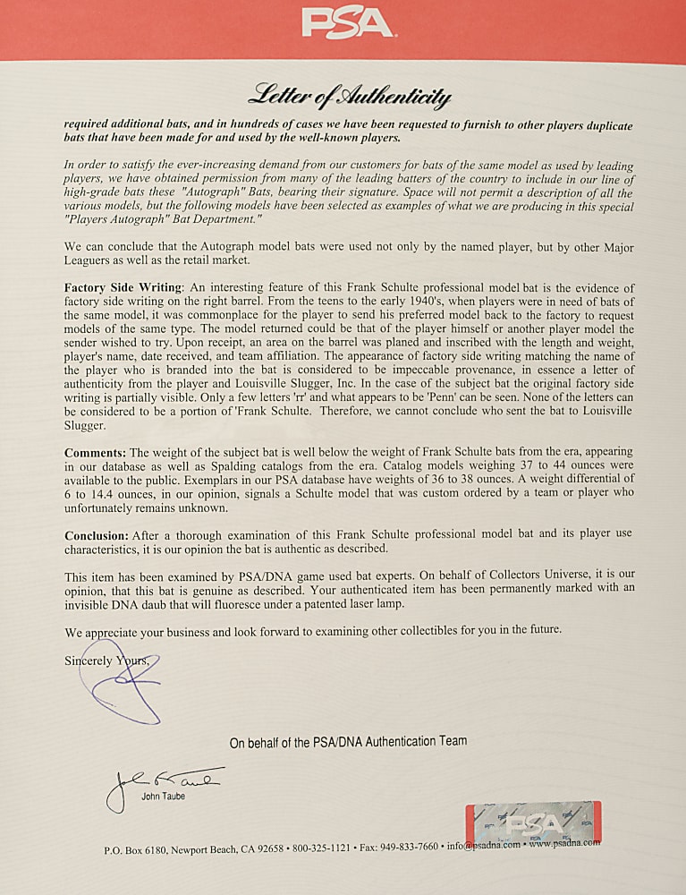 1912-1925 Frank Schulte Chicago Cubs/Pittsburgh Pirates Game-Used Bat (Factory Side Written) - PSA/DNA