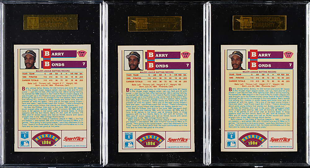 1986 Sportflics Rookies #13 Barry Bonds SGC GEM MINT 98 Trio