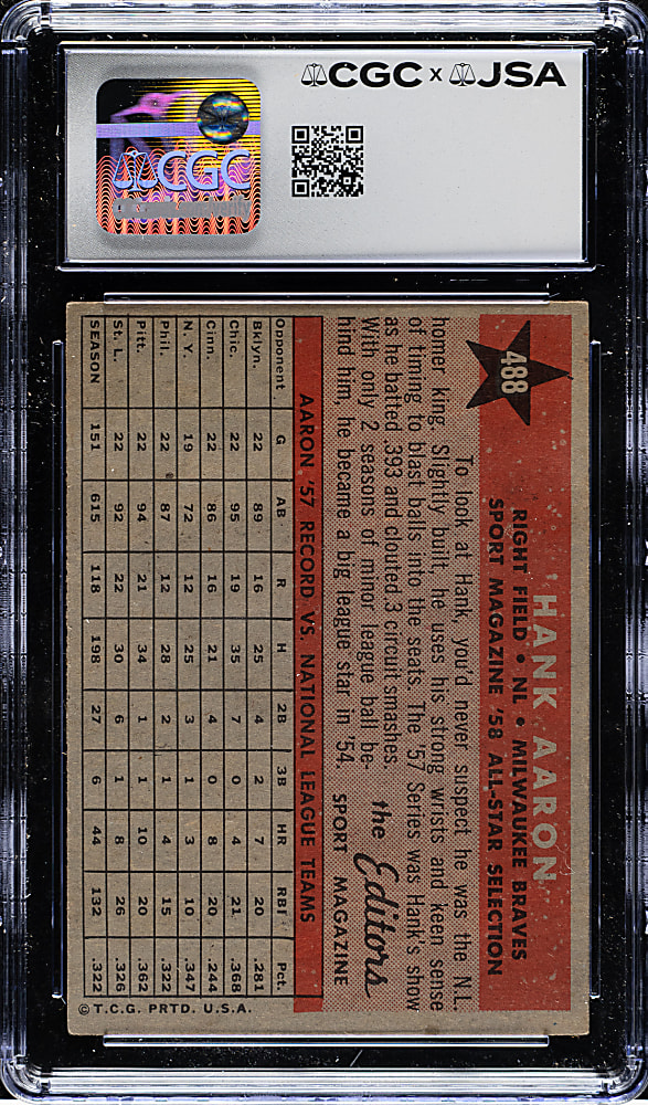 Signed 1958 Topps #488 Hank Aaron All-Star - CGC/JSA