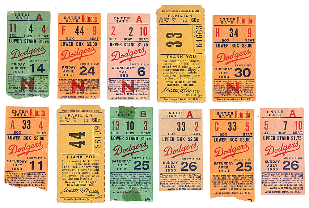 1953 Brooklyn Dodgers Ebbets Field Ticket Stub Collection (15) - All Games Featuring Jackie Robinson!