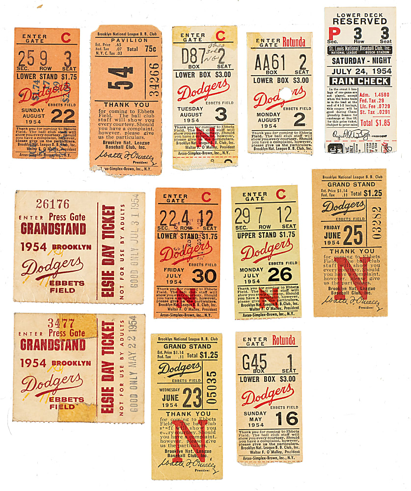 1954 Brooklyn Dodgers Ebbets Field Ticket Stub Collection (18) - All Games Featuring Jackie Robinson!