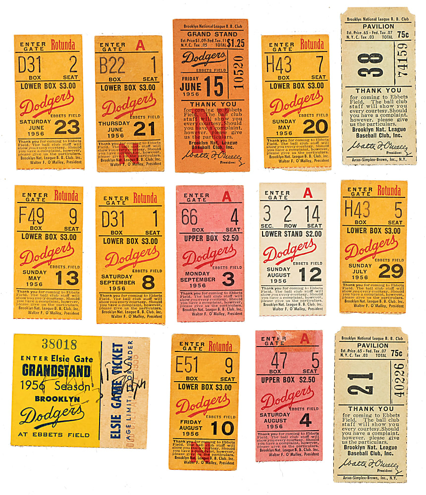 1956 Brooklyn Dodgers Ebbets Field Ticket Stub Collection (20) - All Games Featuring Jackie Robinson!