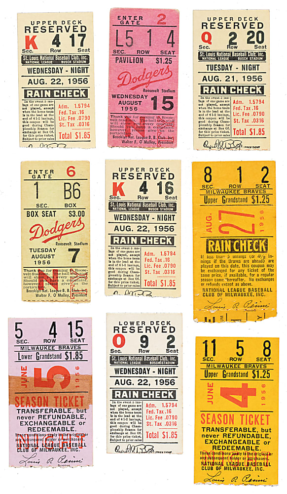 1956 Brooklyn Dodgers Road-Game Ticket Stub Collection (9) - All Games Featuring Jackie Robinson!