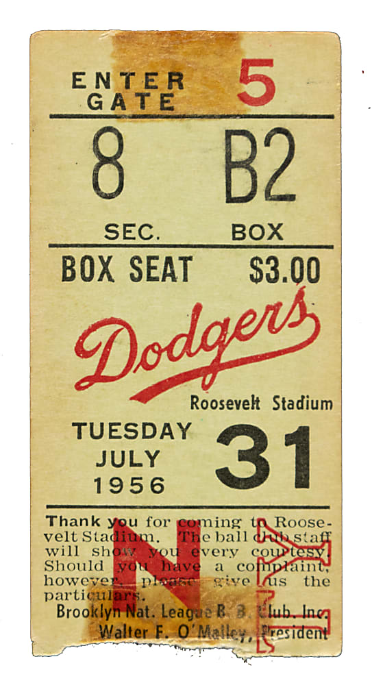 July 31, 1956 Brooklyn Dodgers (vs. Milwaukee Braves) Ticket Stub - Game Played In Jersey City and Jackie Robinson Walk-Off