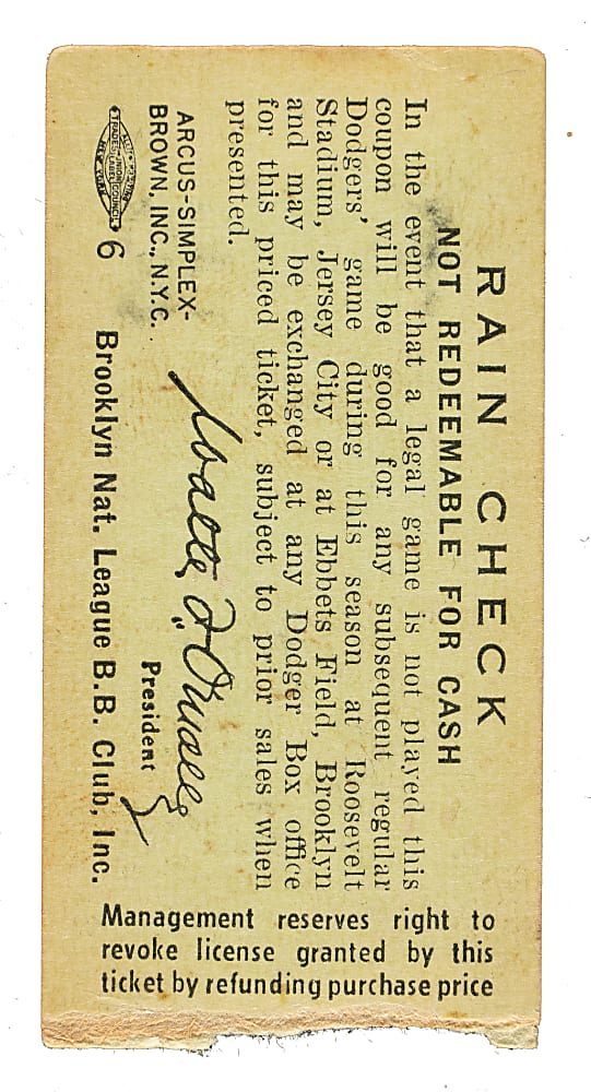 July 31, 1956 Brooklyn Dodgers (vs. Milwaukee Braves) Ticket Stub - Game Played In Jersey City and Jackie Robinson Walk-Off