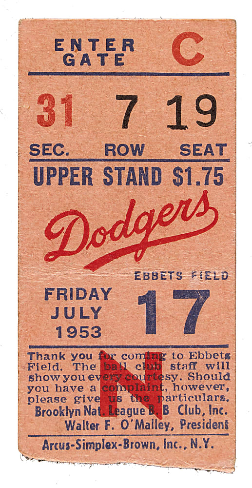 July 17, 1953 Brooklyn Dodgers (vs. St. Louis Cardinals) Ticket Stub - Jackie Robinson Career Home Runs #98 and #99