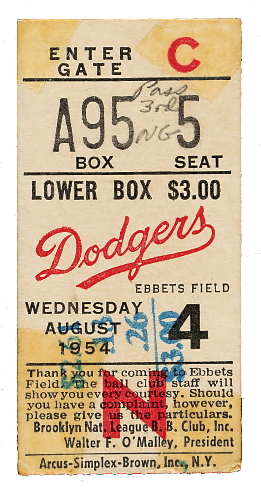August 4, 1954 Brooklyn Dodgers (vs. St. Louis Cardinals) Ticket Stub - Jackie Robinson Walk-Off Home Run
