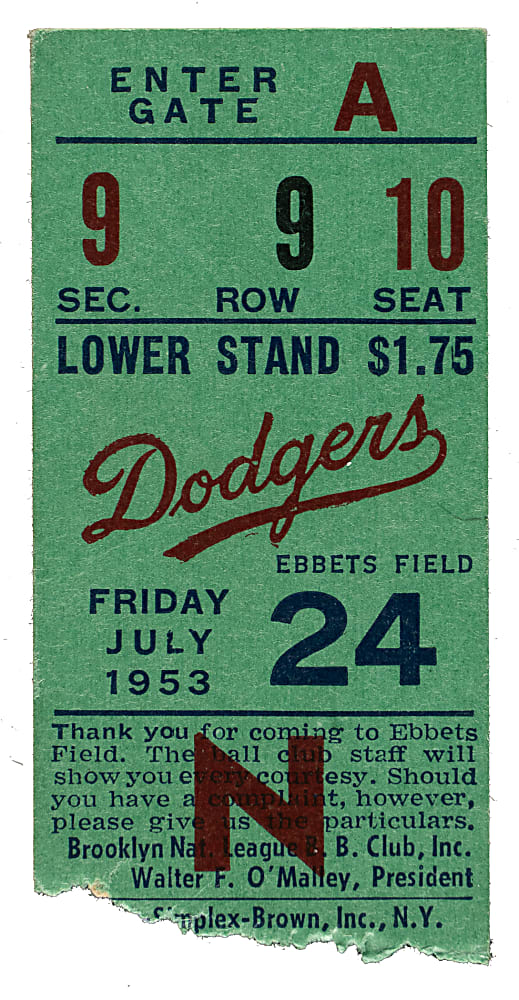 July 24, 1953 Brooklyn Dodgers (vs. Milwaukee Braves) Ticket Stub -  Jackie Robinson Career Home Run #100 and Roy Campanella Career Home Run #142