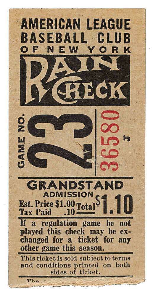 June 15, 1941 New York Yankees (vs. Cleveland Indians) Ticket Stub - Joe DiMaggio 28th Consecutive Game Hit Streak