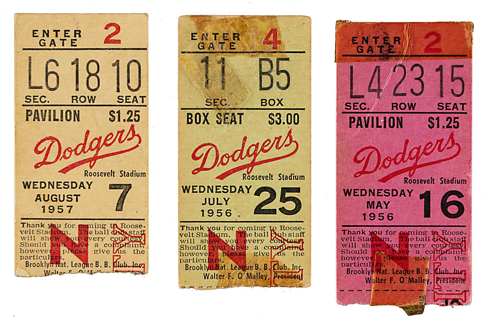 1956 and 1957 Brooklyn Dodgers Ticket Stub Trio - Games Played in Jersey City - Frank Robinson and Duke Snider Home Runs