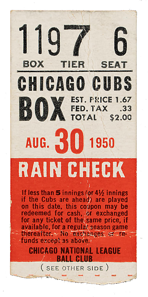 August 30, 1950 Chicago Cubs (vs. Brooklyn Dodgers) Ticket Stub - Jackie Robinson Steals Two Bases and Duke Snider Four RBI