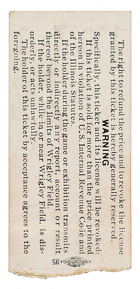 August 30, 1950 Chicago Cubs (vs. Brooklyn Dodgers) Ticket Stub - Jackie Robinson Steals Two Bases and Duke Snider Four RBI