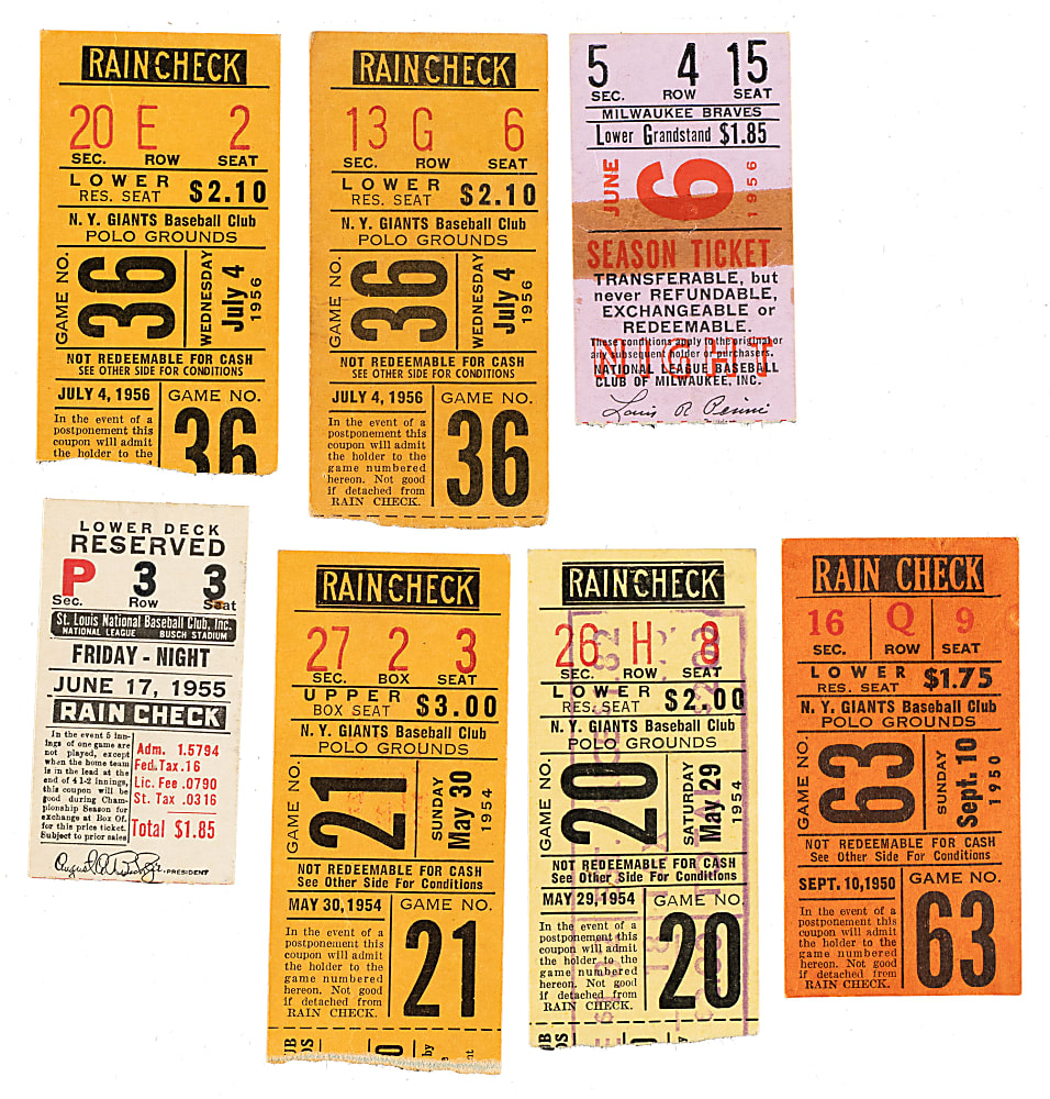 1950 to 1956 Hall of Fame Home Run Ticket Stub Collection (11) Including Aaron, Campanella, Mays, and Snider
