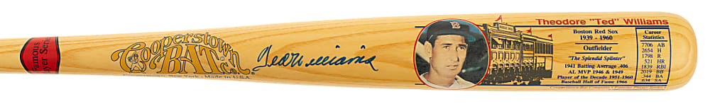 Ted Williams Signed Cooperstown Company Career Stat Bat - JSA