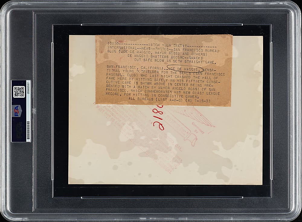 1933 Joe DiMaggio San Francisco Seals Original News Photograph PSA/DNA Type I - DiMaggio Hits in 50 Consecutive Games!