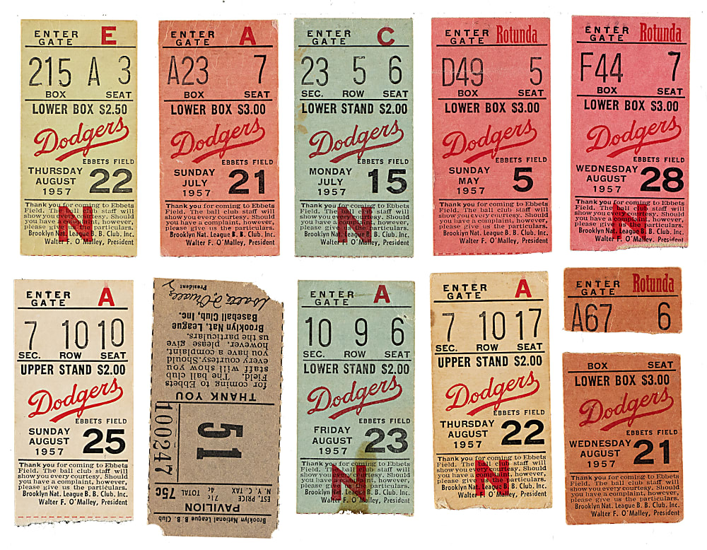 1957 Brooklyn Dodgers Ebbets Field Ticket Stub Collection (20) - Final Season in Brooklyn - Including Hank Aaron, Don Drysdale, and Stan Musial Home Runs