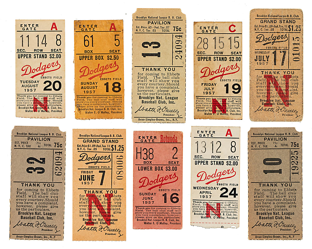 1957 Brooklyn Dodgers Ebbets Field Ticket Stub Collection (20) - Final Season in Brooklyn - Including Hank Aaron, Don Drysdale, and Stan Musial Home Runs