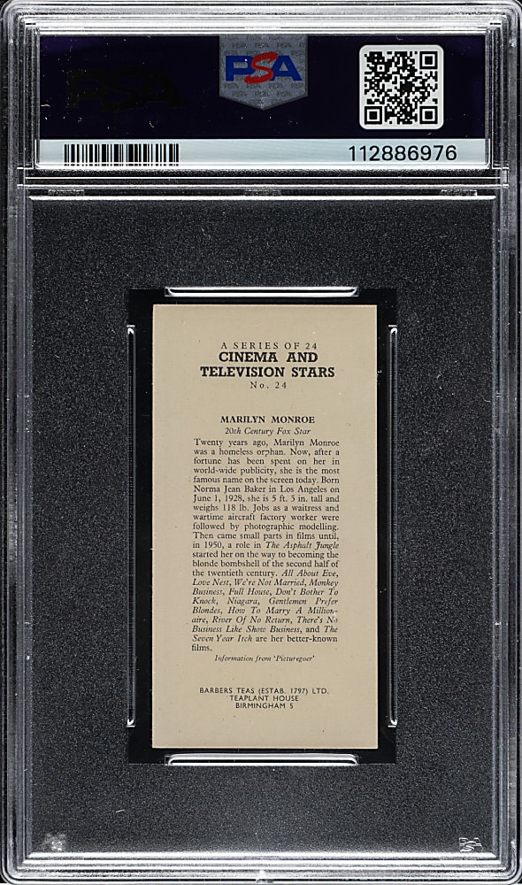 1955 Barbers Tea Ltd. "Cinema & TV Stars" #24 Marilyn Monroe PSA NM 7