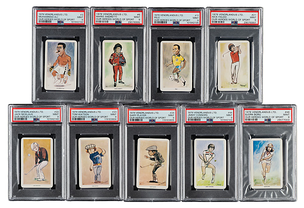 1979 Venorlandus "Our Heroes World of Sport" PSA MINT 9 Collection (9) Including Muhammad Ali, Pele, and Jack Nicklaus