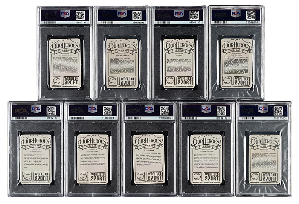 1979 Venorlandus "Our Heroes World of Sport" PSA MINT 9 Collection (9) Including Muhammad Ali, Pele, and Jack Nicklaus