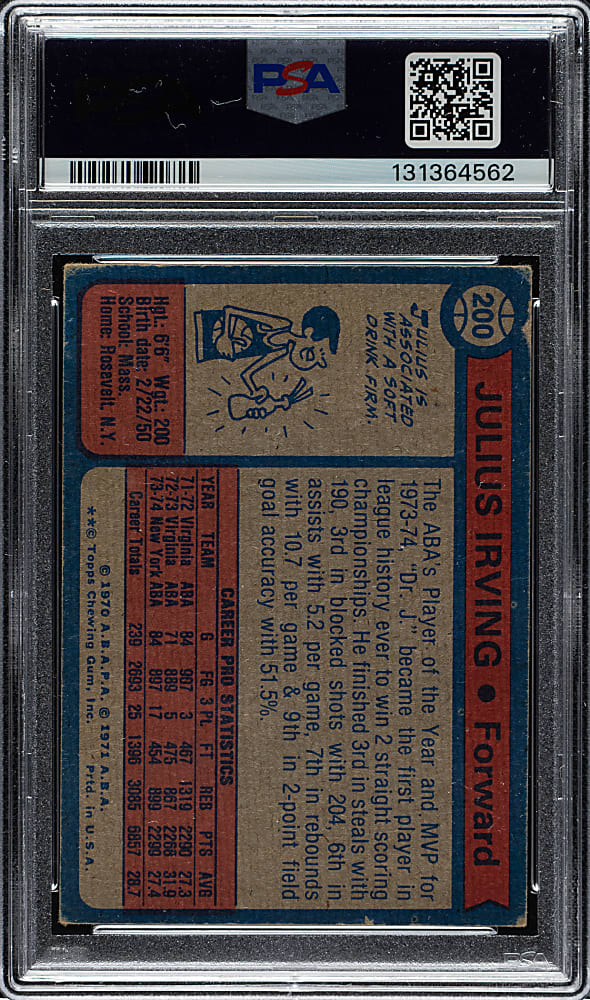 Signed 1974-1975 Topps Basketball #200 Julius Erving PSA/DNA GEM MINT 10