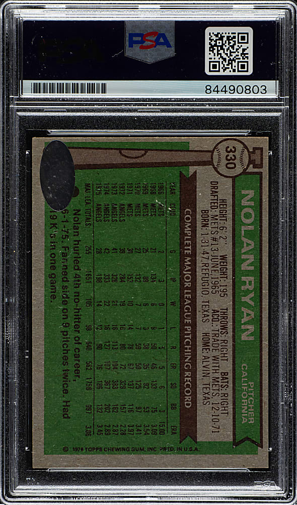 Signed 1976 Topps #330 Nolan Ryan PSA/DNA GEM MINT 10